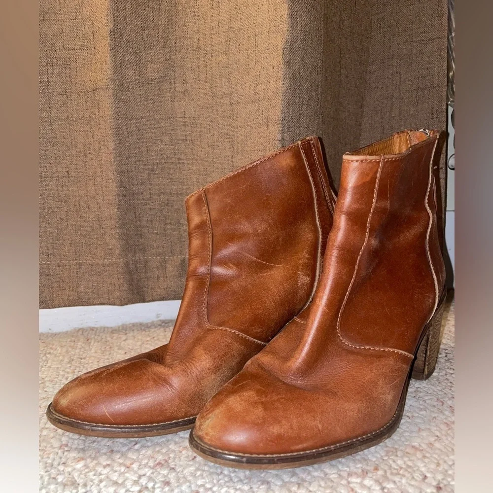 Madewell Brown Ankle Boot with Chunky Heel Western Leather Comfy Zip Up Cowgirl